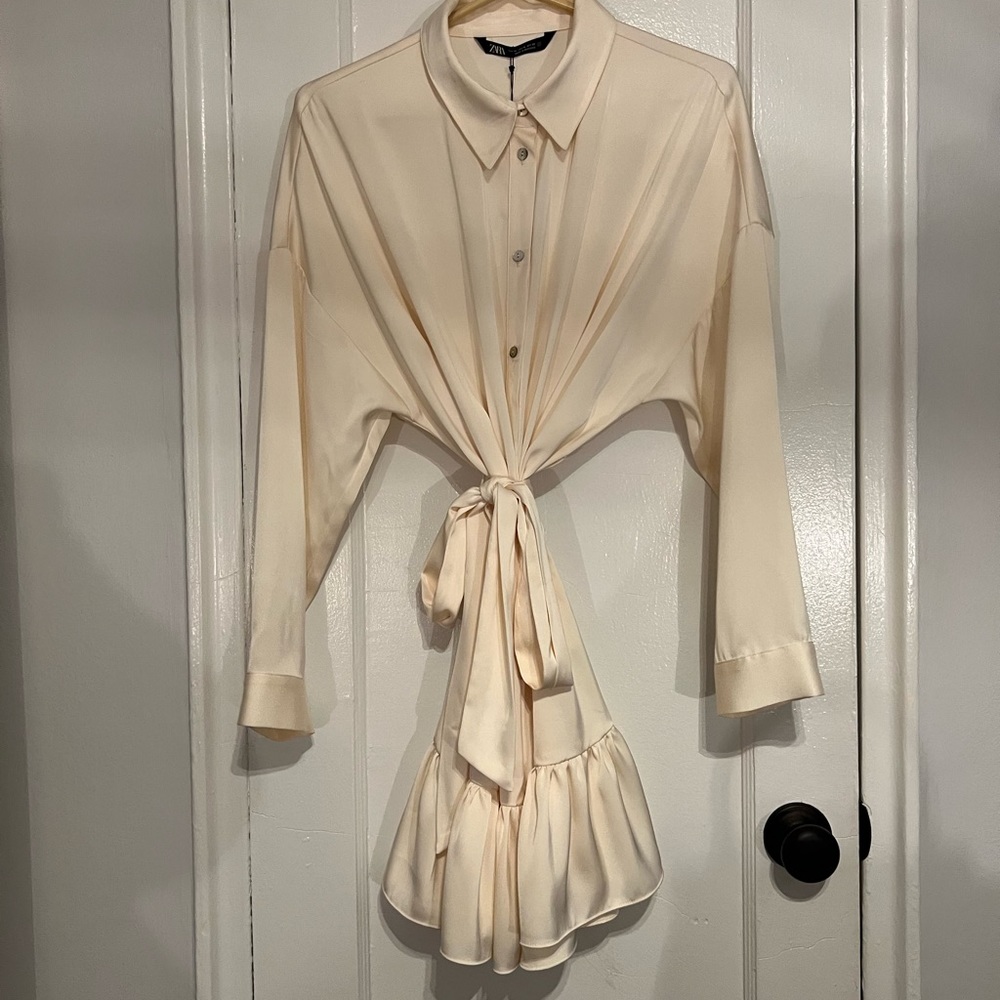 Zara Tie-Front Cream Shirt Dress by Unknown Brand